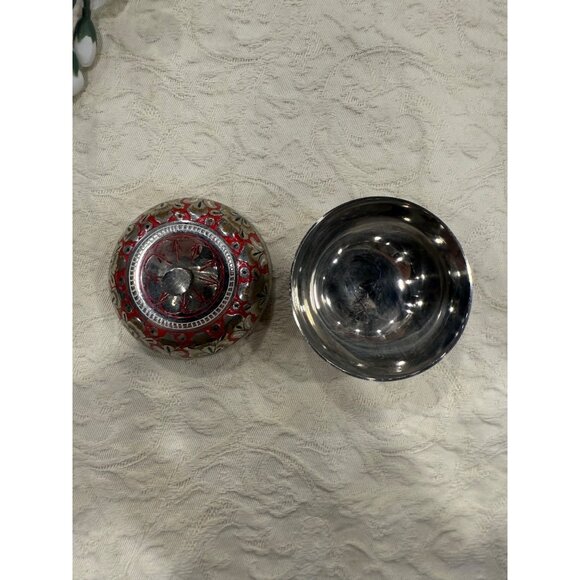 Silver Apple Shaped Decorative Trinket Box With Red Floral Pattern & Lid - Picture 5 of 10
